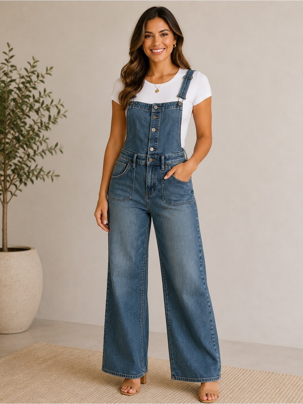 GUESS Denim Overalls Women’s Medium Wash Button Front Wide Leg Jeans Vintage Y2K